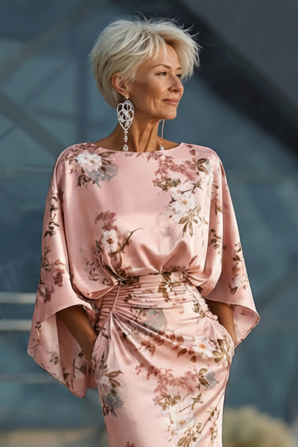 Floral Dusty Rose Boat Neck Ruched Long Satin Mother of the Bride Dress with Pockets