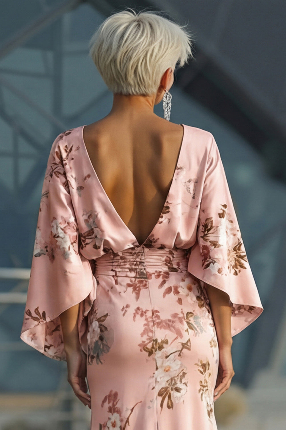 Floral Dusty Rose Boat Neck Ruched Long Satin Mother of the Bride Dress with Pockets