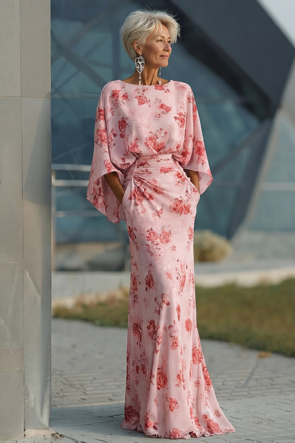 Flowy Dusty Rose Boat Neck Chiffon Sheath Long Floral Mother of the Bride Dress