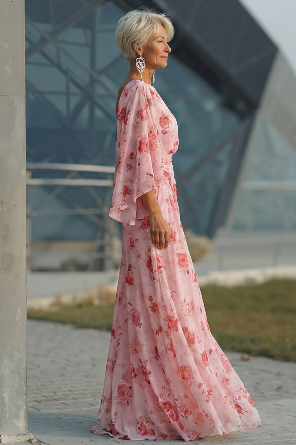 Flowy Dusty Rose Boat Neck Chiffon Sheath Long Floral Mother of the Bride Dress