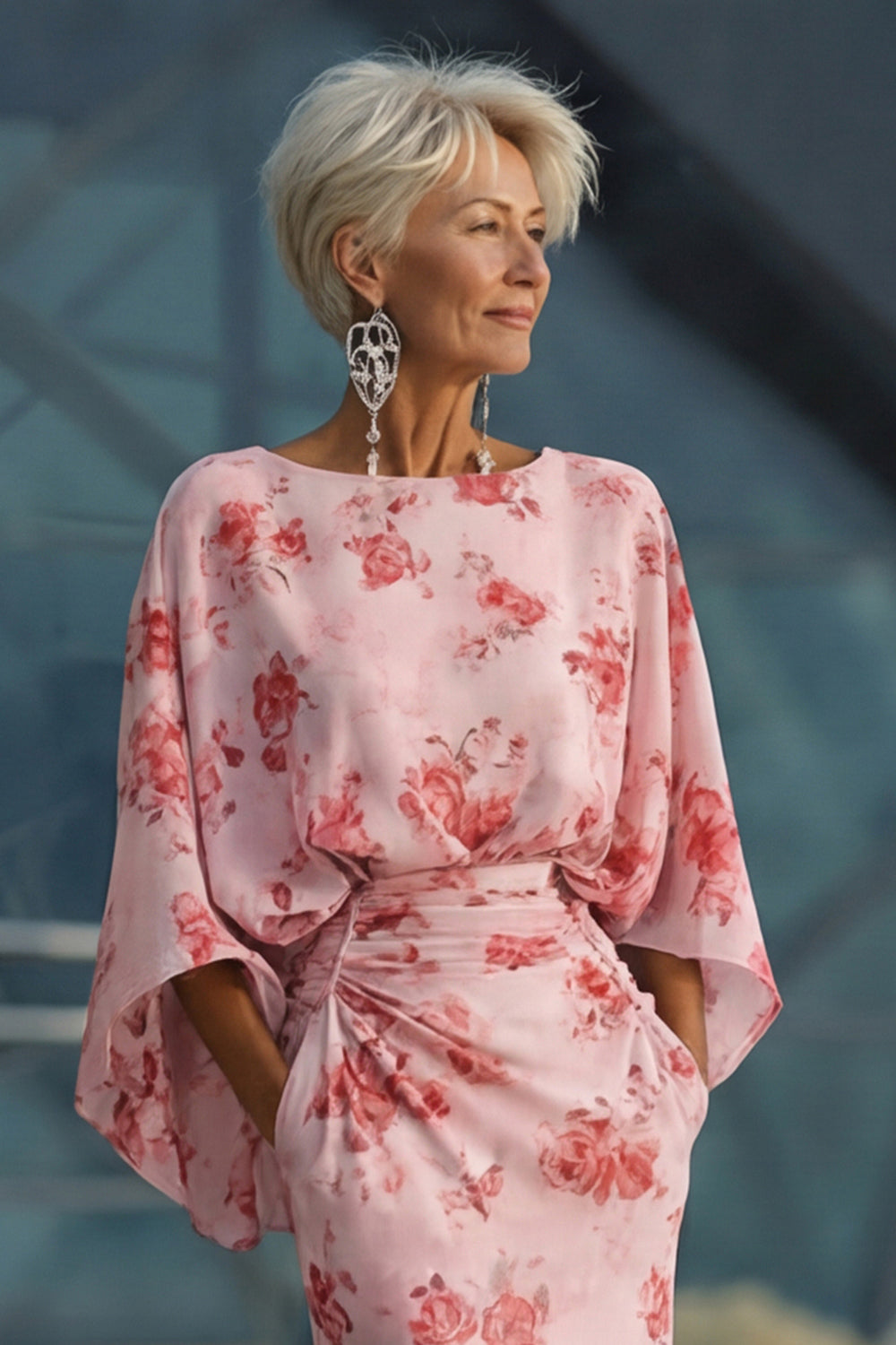 Flowy Dusty Rose Boat Neck Chiffon Sheath Long Floral Mother of the Bride Dress