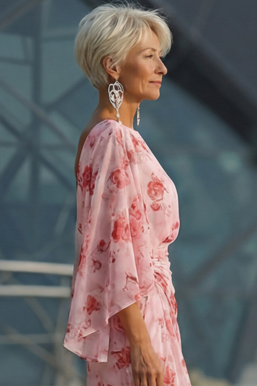 Flowy Dusty Rose Boat Neck Chiffon Sheath Long Floral Mother of the Bride Dress