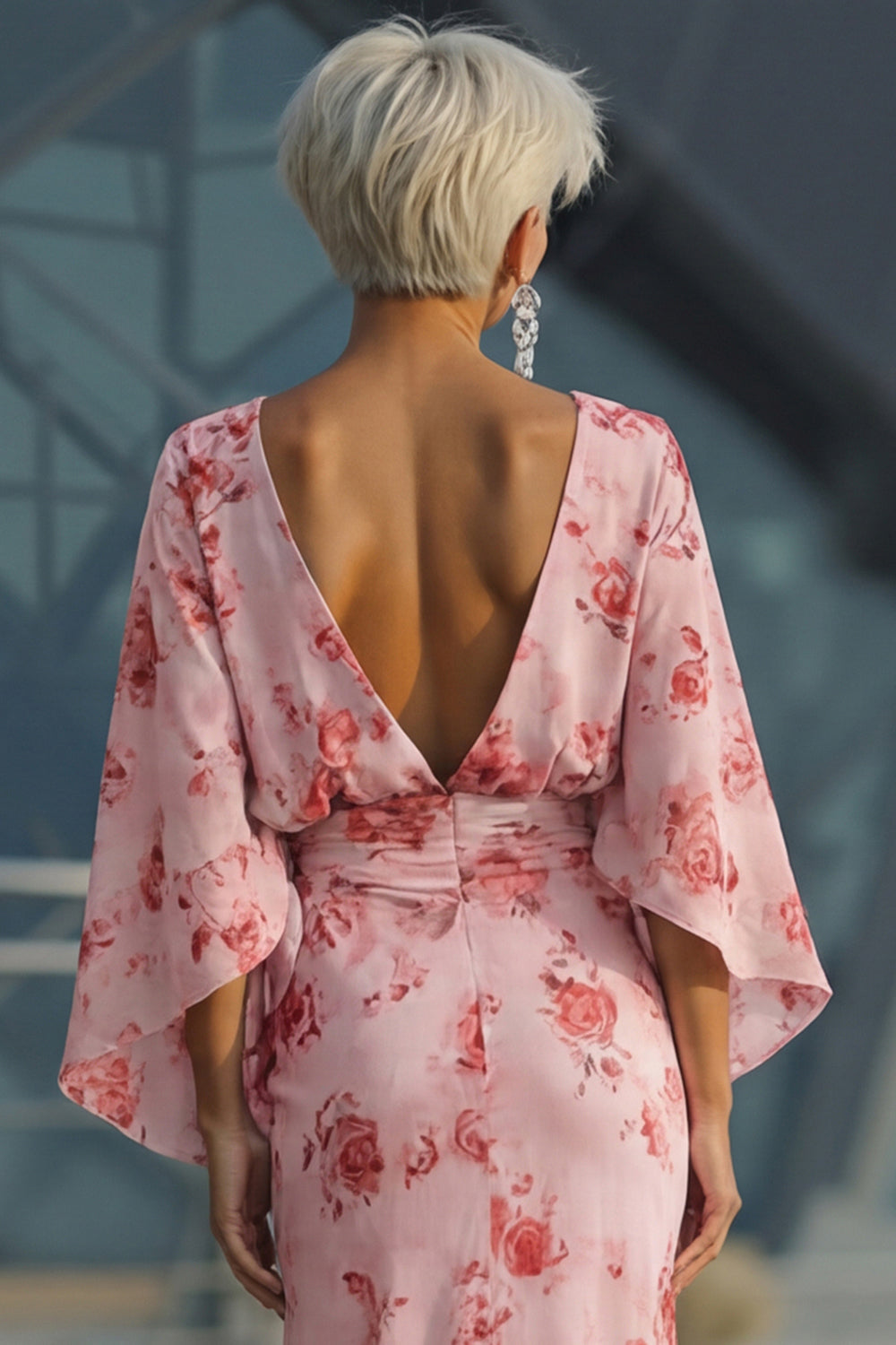 Flowy Dusty Rose Boat Neck Chiffon Sheath Long Floral Mother of the Bride Dress