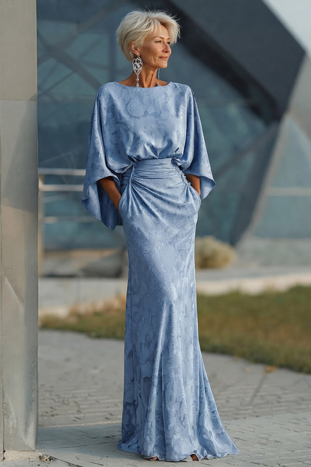 Floral Dusty Blue Boat Neck Sheath Long Mother of the Bride Dress with Sleeves