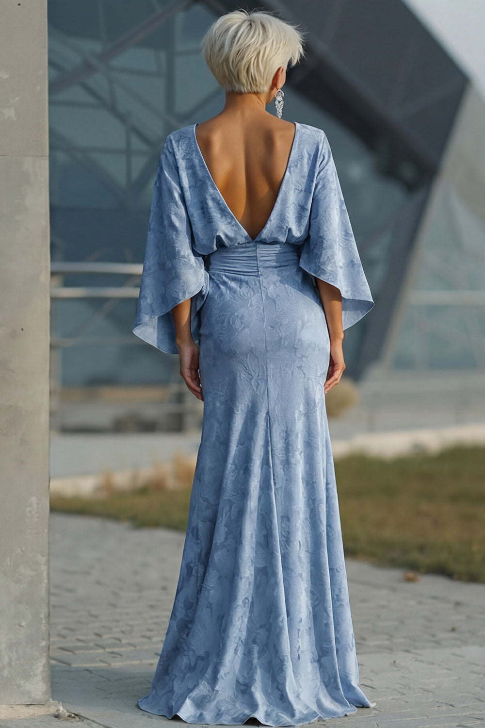 Floral Dusty Blue Boat Neck Sheath Long Mother of the Bride Dress with Sleeves