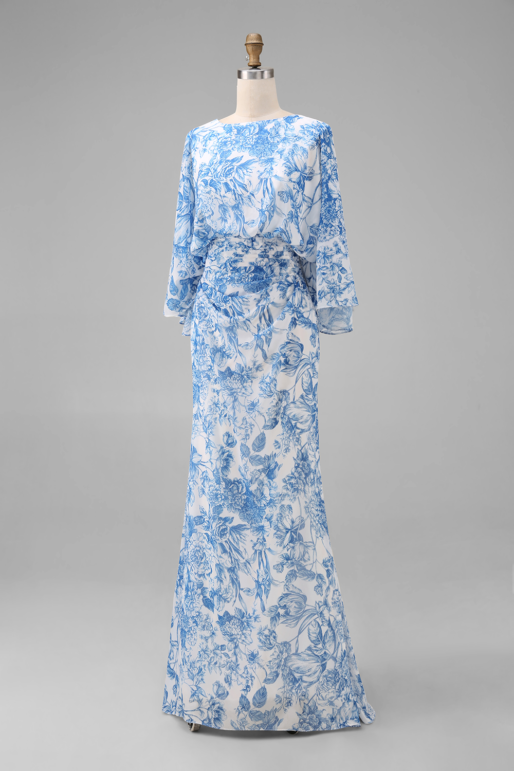 Floral White Blue Sheath Backless Long Mother of the Bride Dress with Pockets