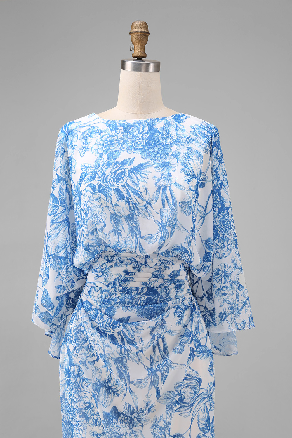 Floral White Blue Sheath Backless Long Mother of the Bride Dress with Pockets