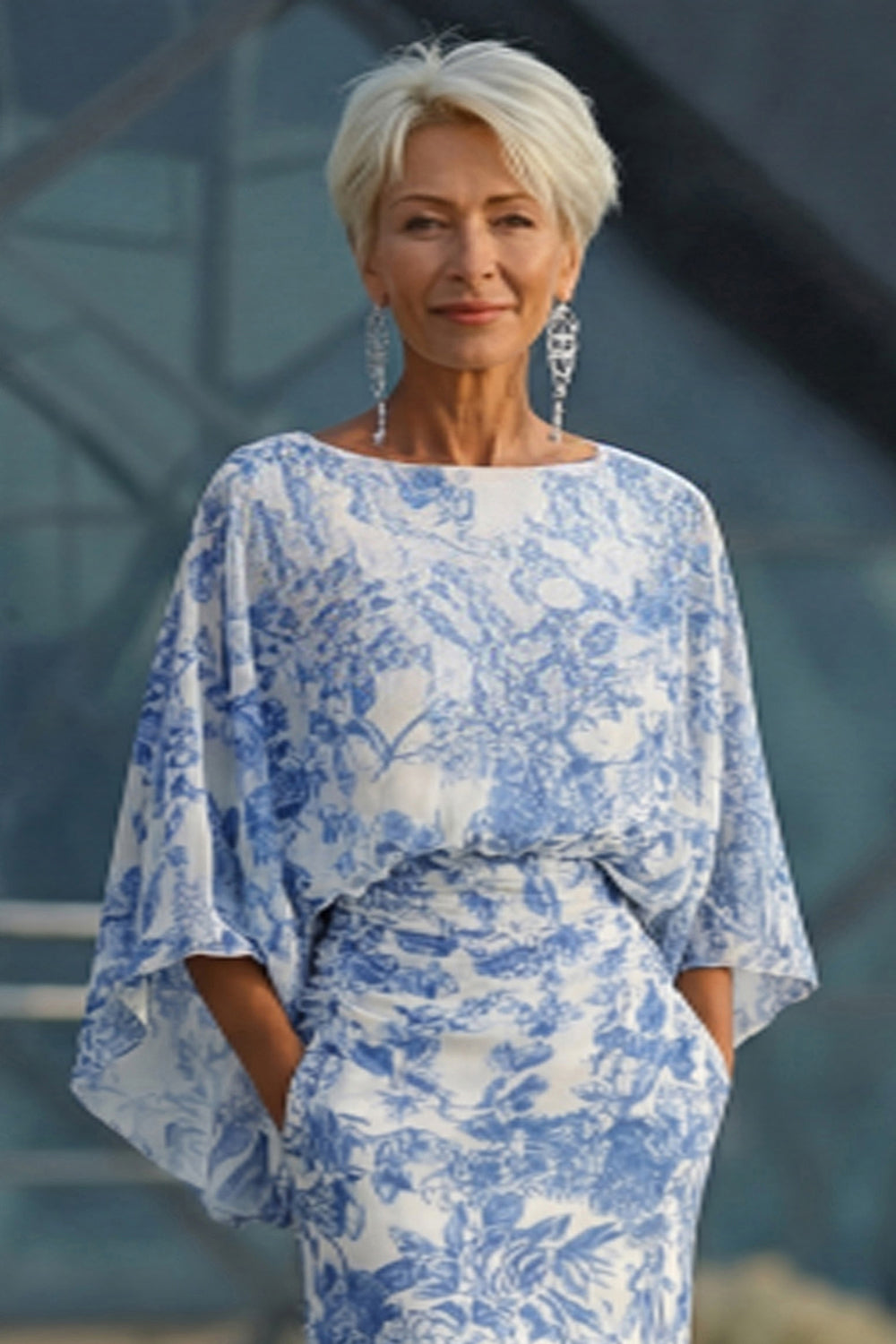 Floral White Blue Sheath Backless Long Mother of the Bride Dress with Pockets