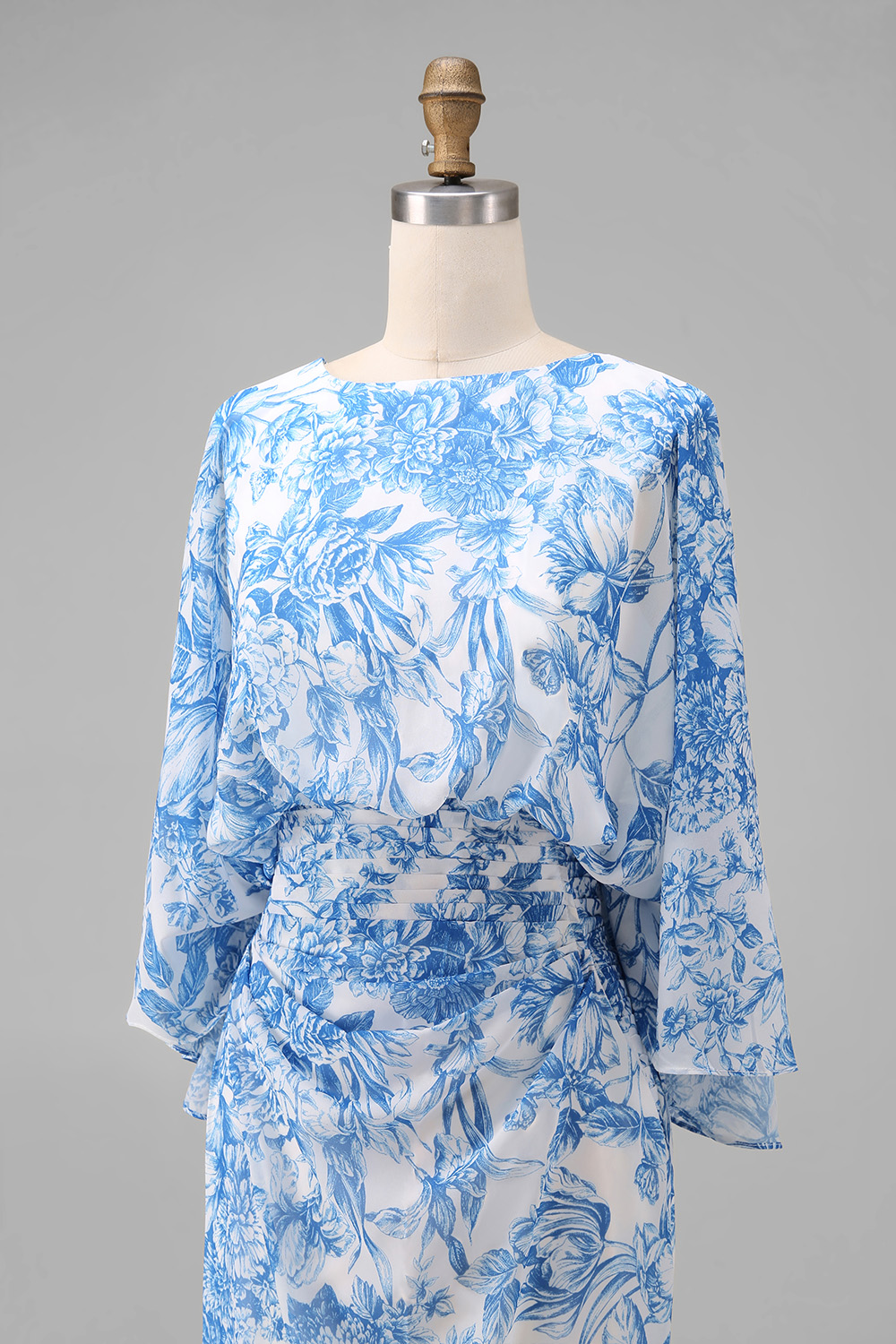 Floral White Blue Sheath Backless Long Mother of the Bride Dress with Pockets