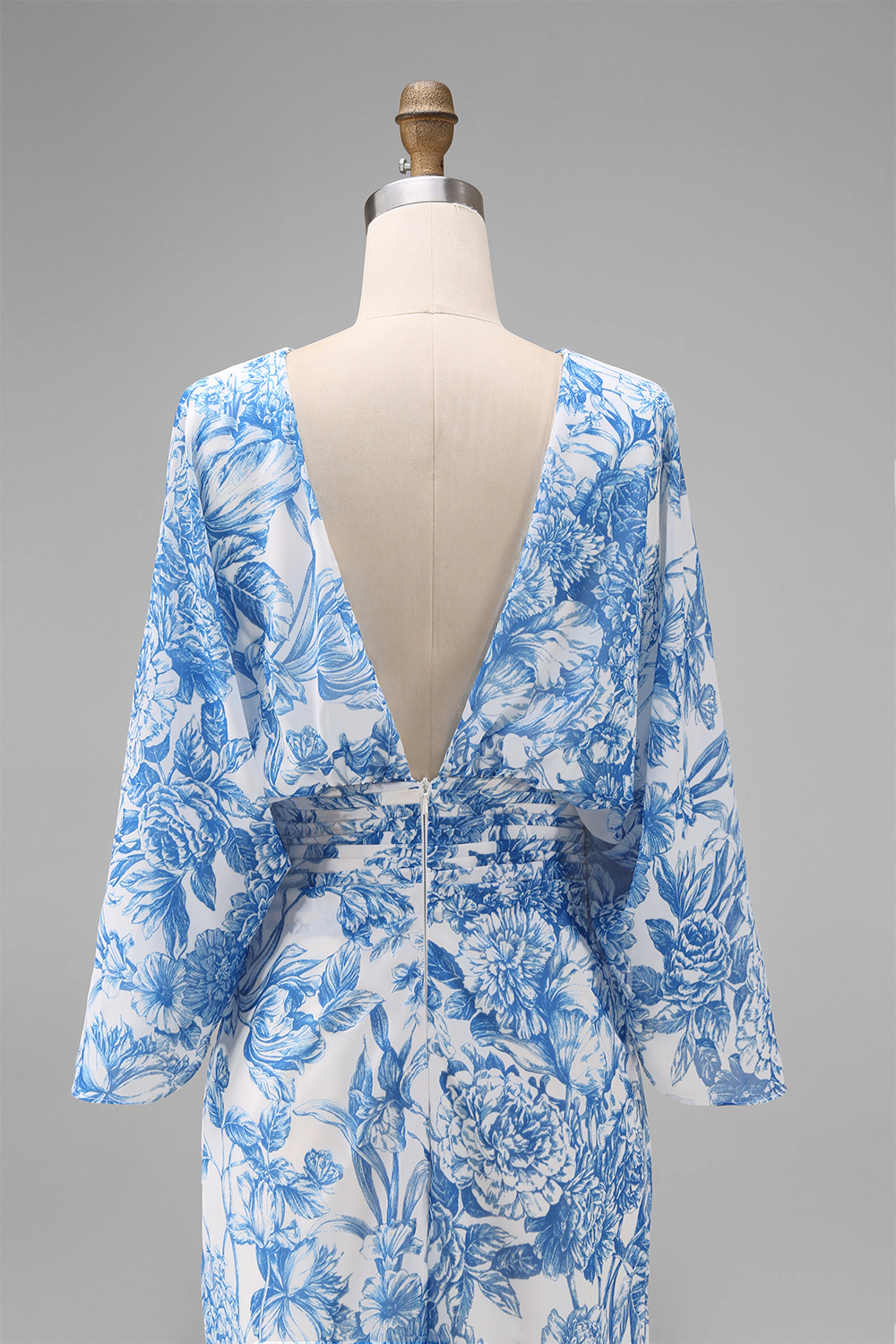 Floral White Blue Sheath Backless Long Mother of the Bride Dress with Pockets