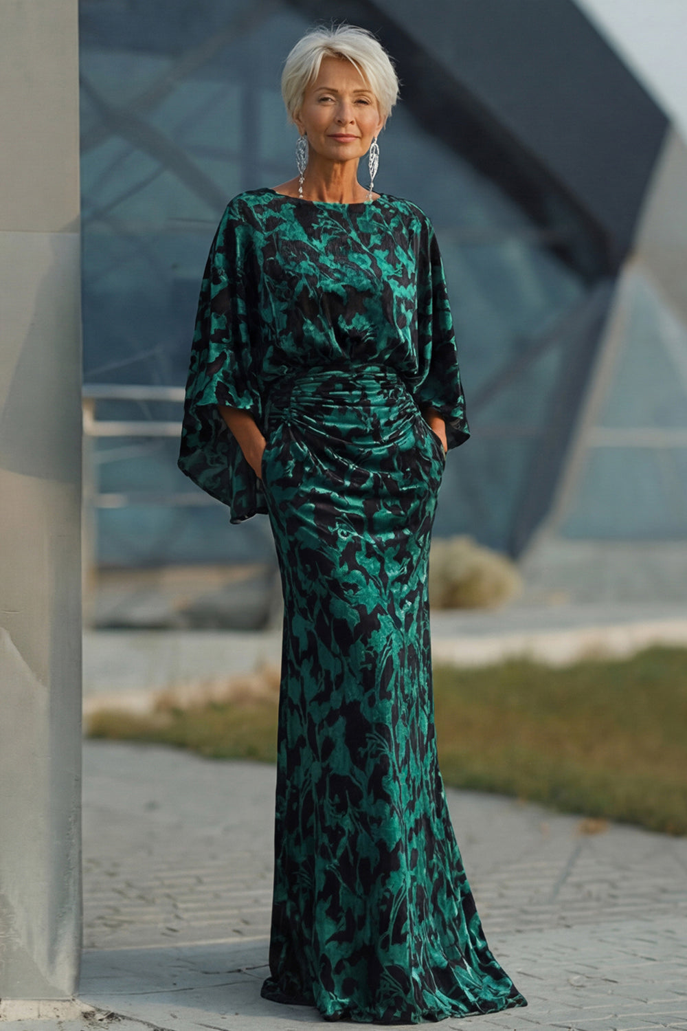 Floral Peacock Blue Velvet Sheath Long Mother of the Bride Dress with Pockets