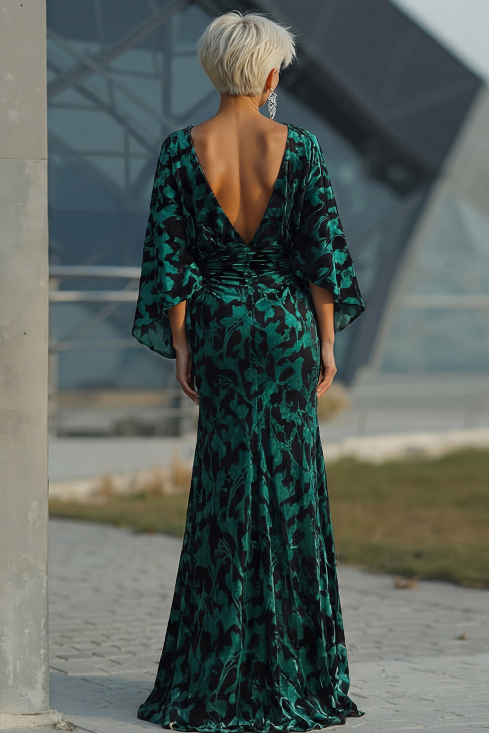 Floral Peacock Blue Velvet Sheath Long Mother of the Bride Dress with Pockets