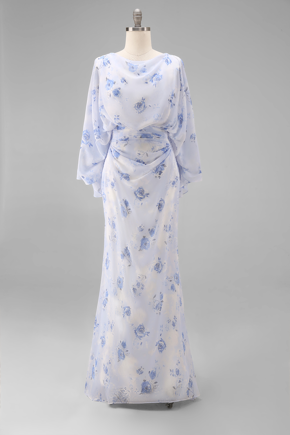 Floral Light Blue Sheath Ruched Chiffon Floor-Length Mother of the Bride Dress with Pockets