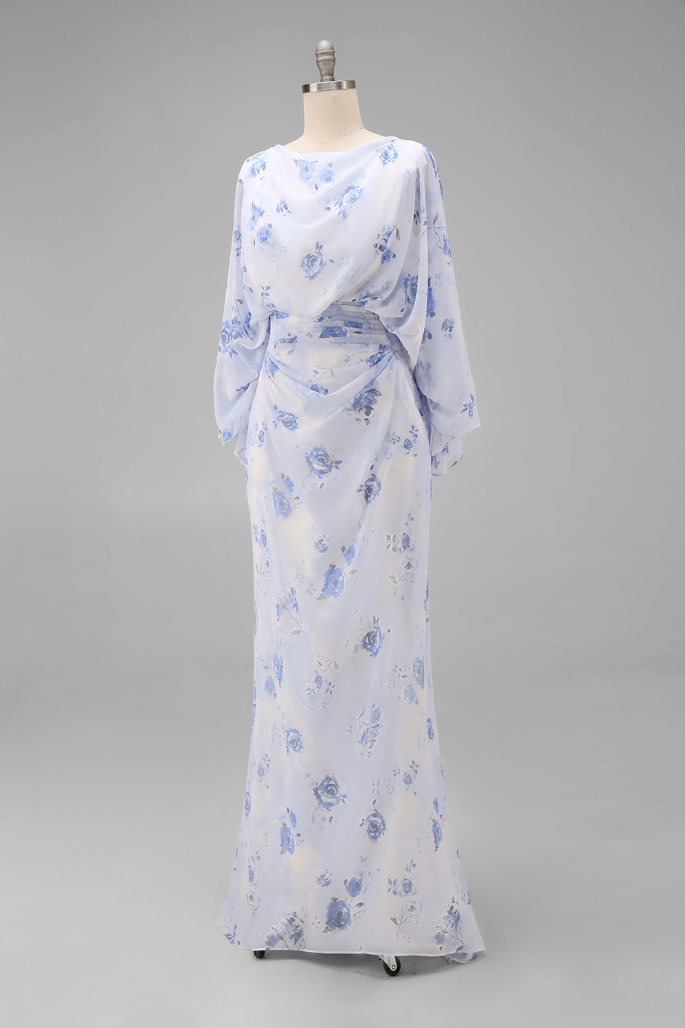 Floral Light Blue Sheath Ruched Chiffon Floor-Length Mother of the Bride Dress with Pockets