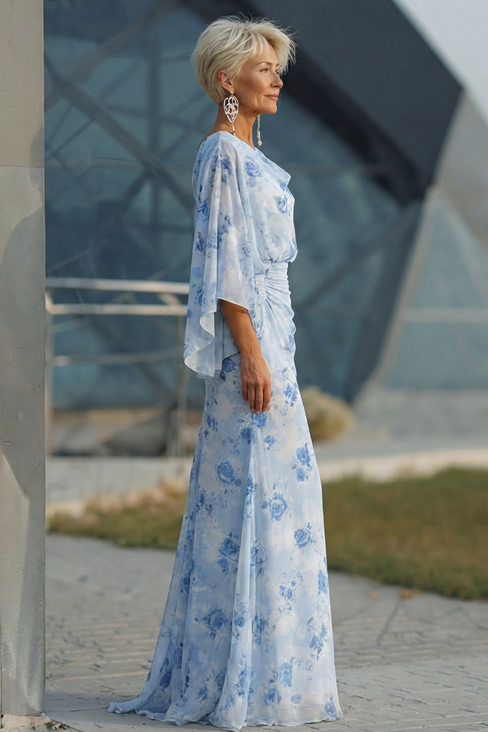Floral Light Blue Sheath Ruched Chiffon Floor-Length Mother of the Bride Dress with Pockets