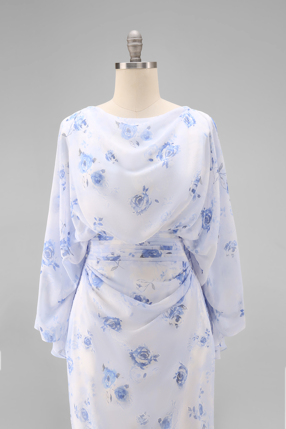 Floral Light Blue Sheath Ruched Chiffon Floor-Length Mother of the Bride Dress with Pockets