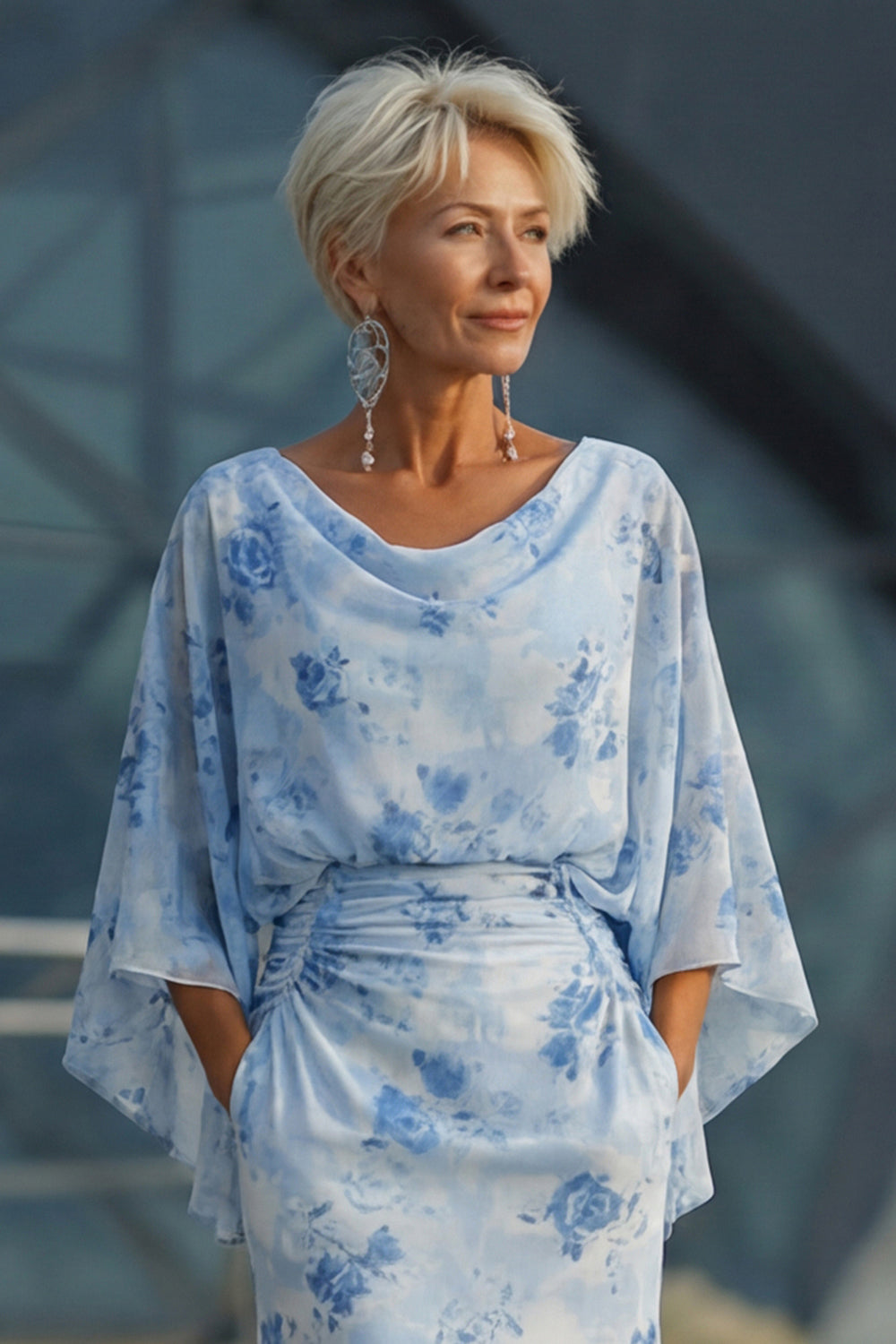 Floral Light Blue Sheath Ruched Chiffon Floor-Length Mother of the Bride Dress with Pockets