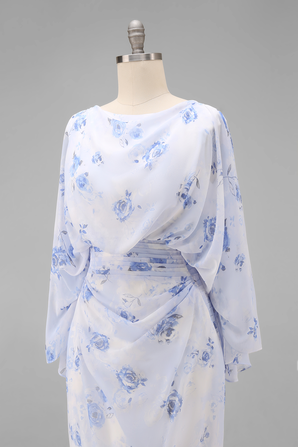 Floral Light Blue Sheath Ruched Chiffon Floor-Length Mother of the Bride Dress with Pockets