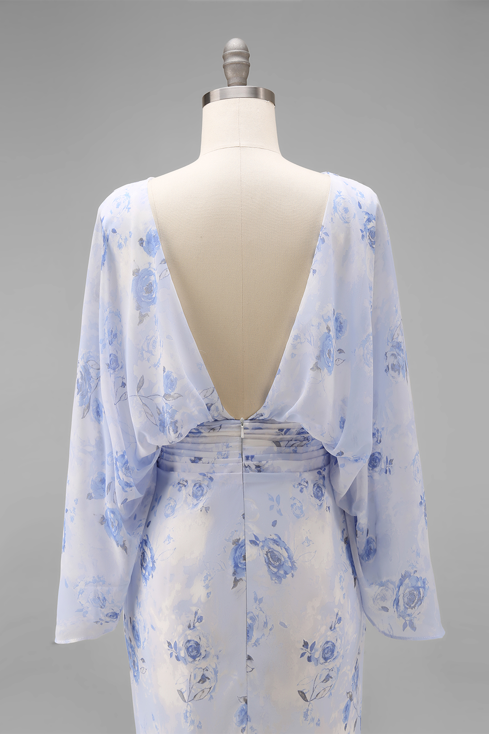 Floral Light Blue Sheath Ruched Chiffon Floor-Length Mother of the Bride Dress with Pockets