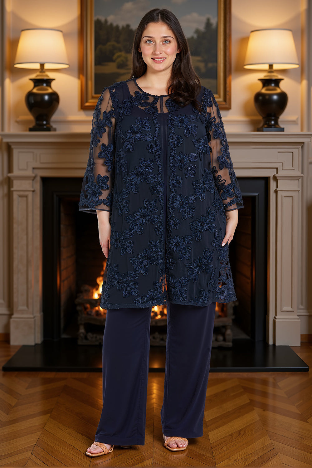 2 Piece Navy Lace 3/4 Sleeves Mother of the Bride Pant Suits