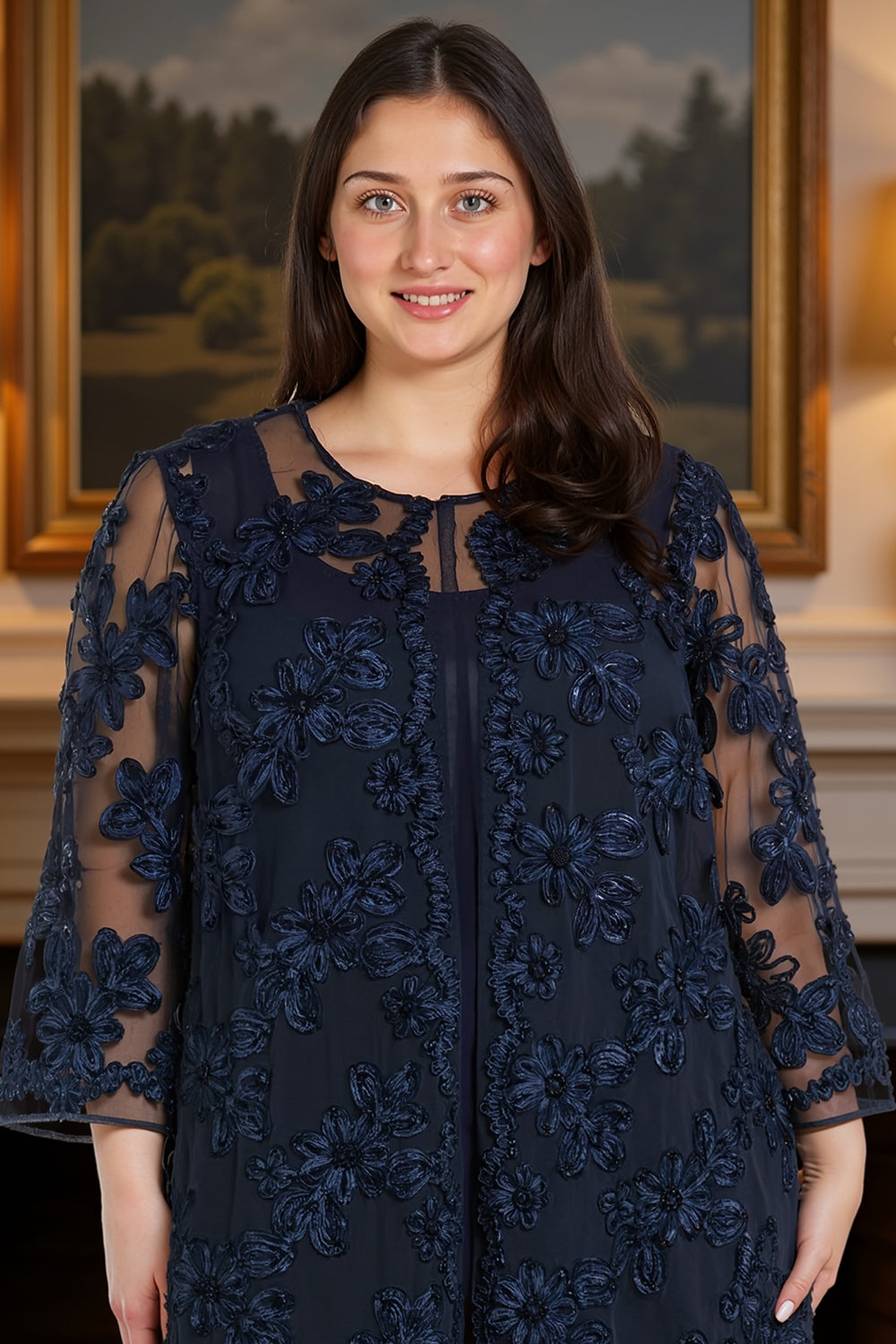 2 Piece Navy Lace 3/4 Sleeves Mother of the Bride Pant Suits