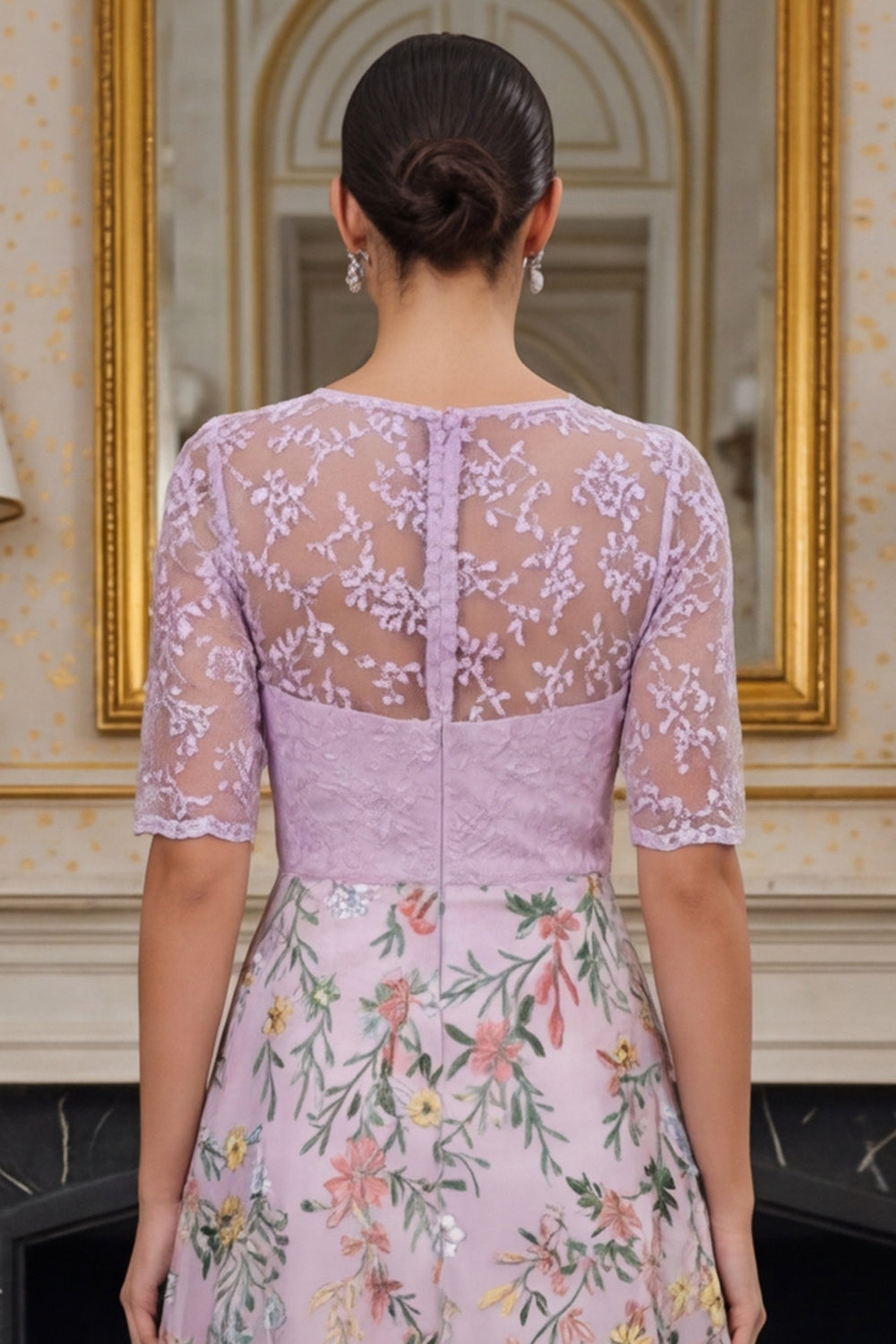 Floral Dusty Rose Lace A Line Long Mother of the Bride Dress with Sleeves