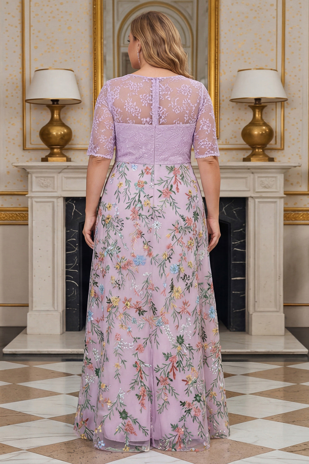 Floral Dusty Rose Lace A Line Long Plus Size Mother of the Bride Dress with Sleeves