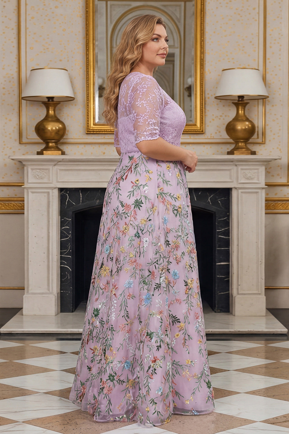 Floral Dusty Rose Lace A Line Long Plus Size Mother of the Bride Dress with Sleeves