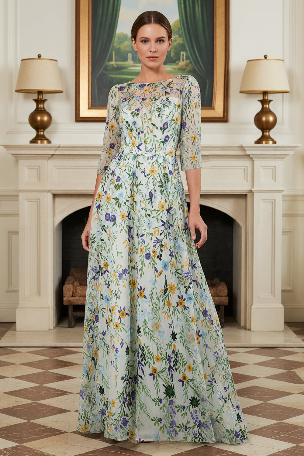 Floral Green A Line Long Lace Mother of the Bride Dress with Sleeves