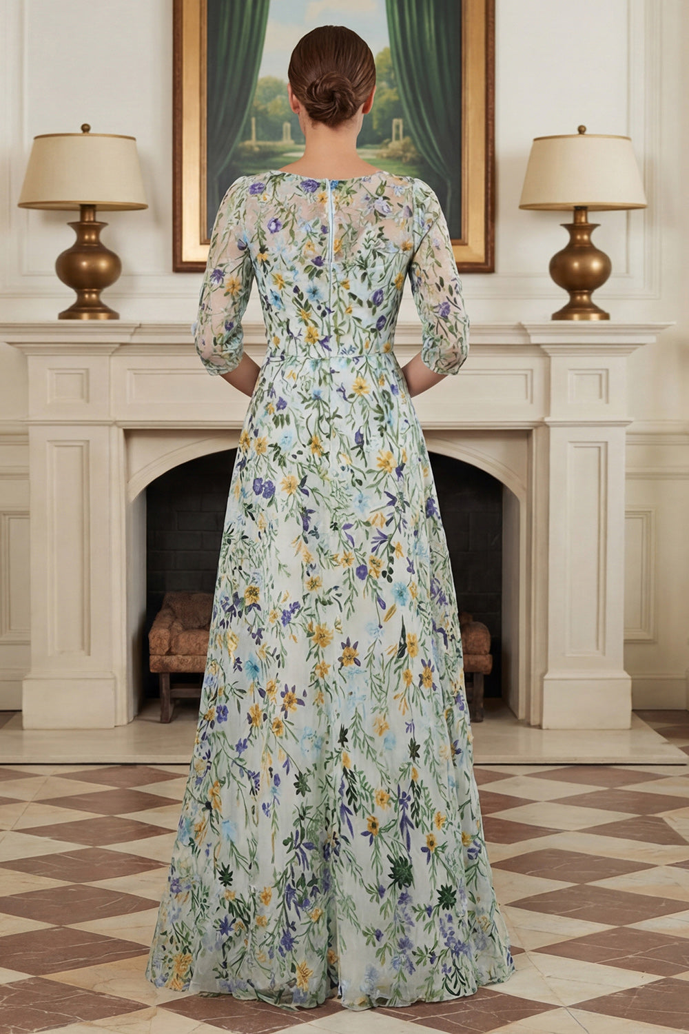 Floral Green A Line Long Lace Mother of the Bride Dress with Sleeves
