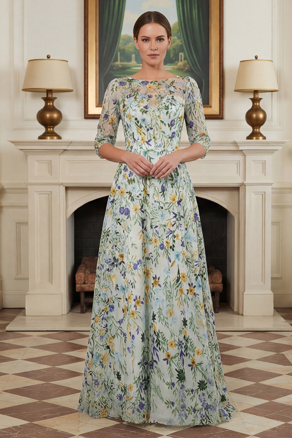 Floral Green A Line Long Lace Mother of the Bride Dress with Sleeves