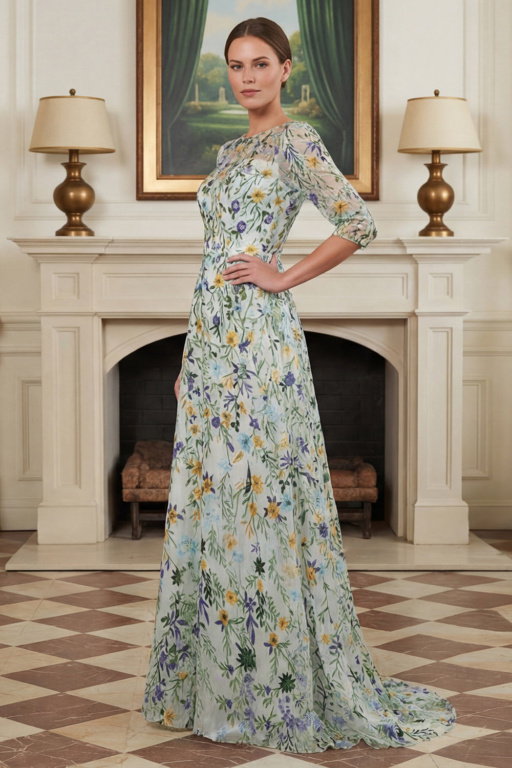 Floral Green A Line Long Lace Mother of the Bride Dress with Sleeves