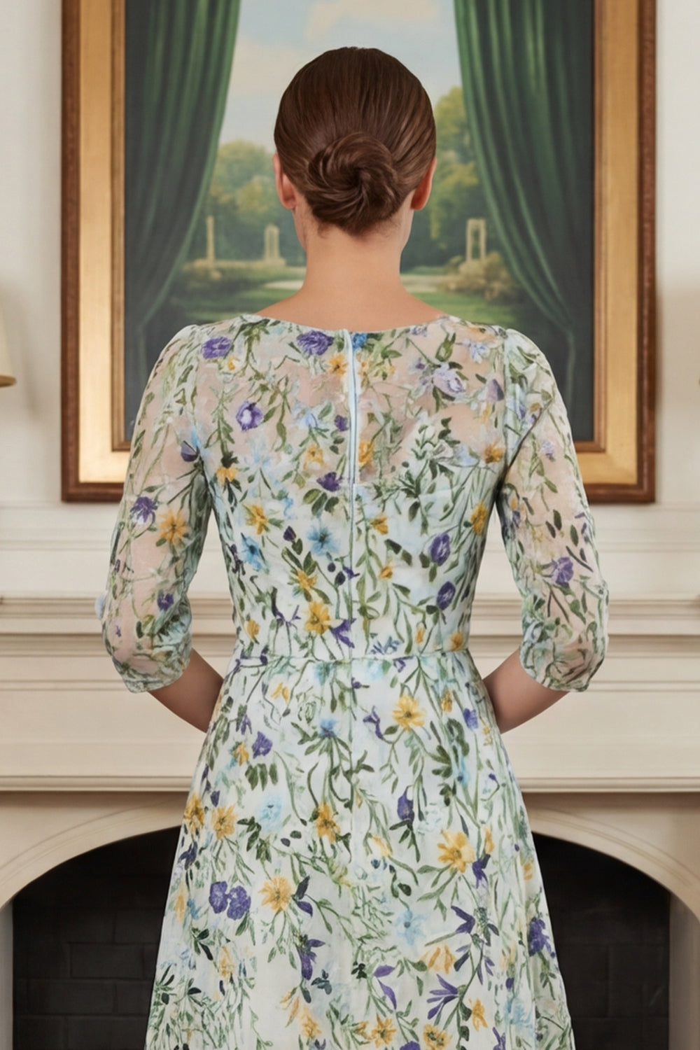 Floral Green A Line Long Lace Mother of the Bride Dress with Sleeves