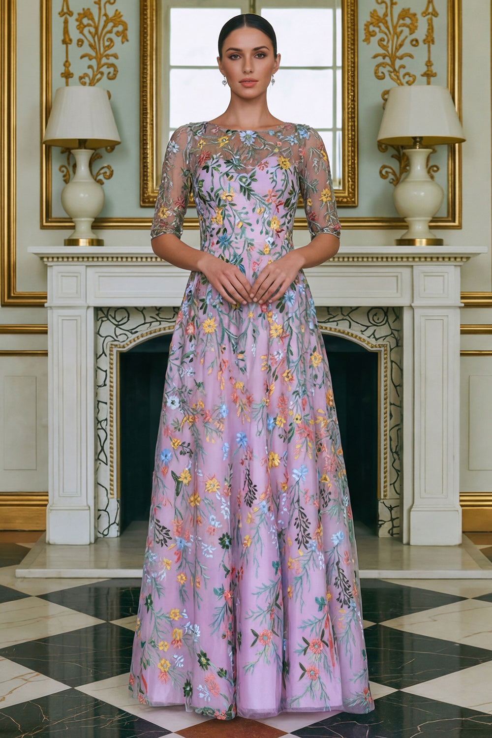 Floral Green A Line Long Lace Mother of the Bride Dress with Sleeves