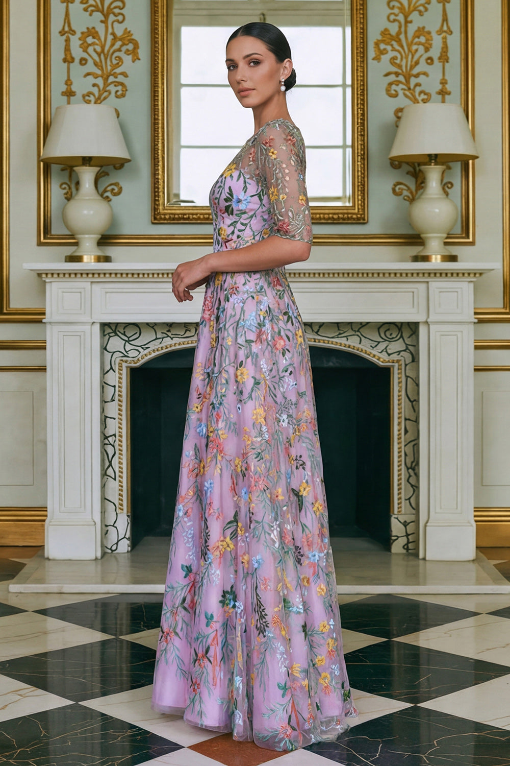 Floral Green A Line Long Lace Mother of the Bride Dress with Sleeves