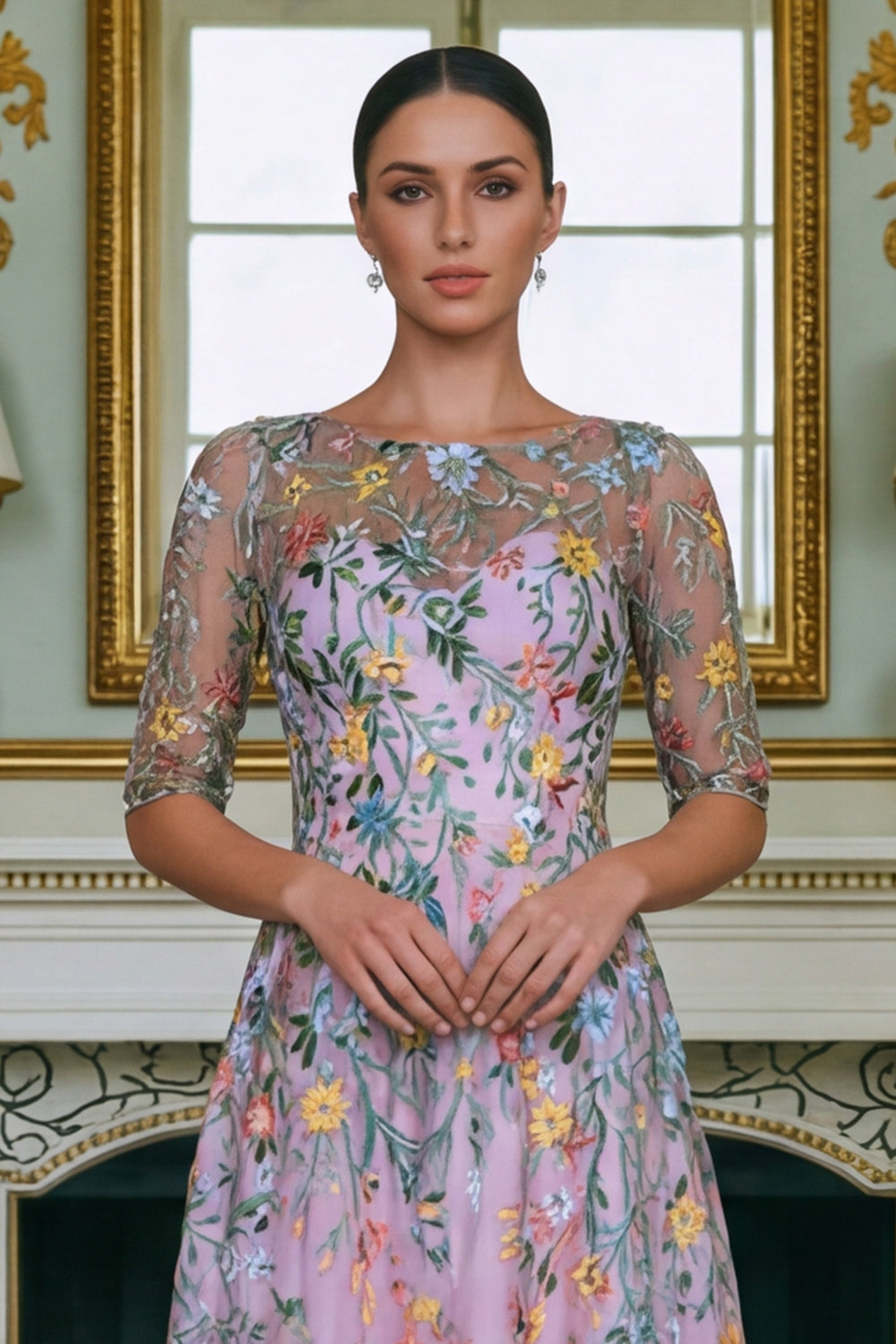 Floral Green A Line Long Lace Mother of the Bride Dress with Sleeves