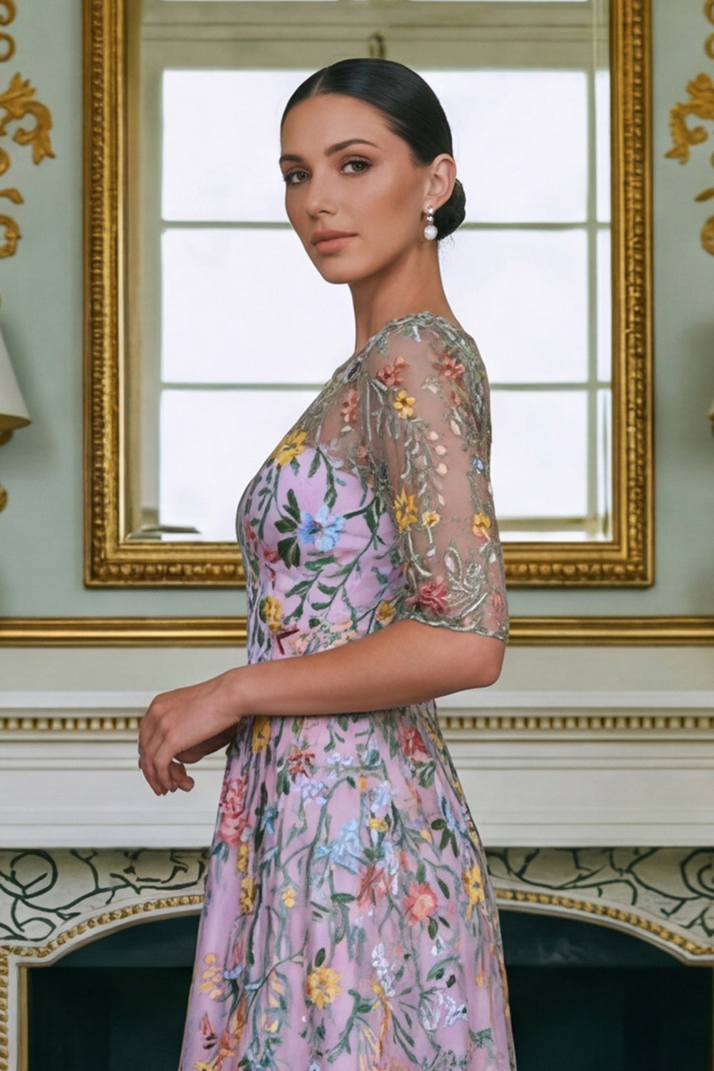 Floral Green A Line Long Lace Mother of the Bride Dress with Sleeves