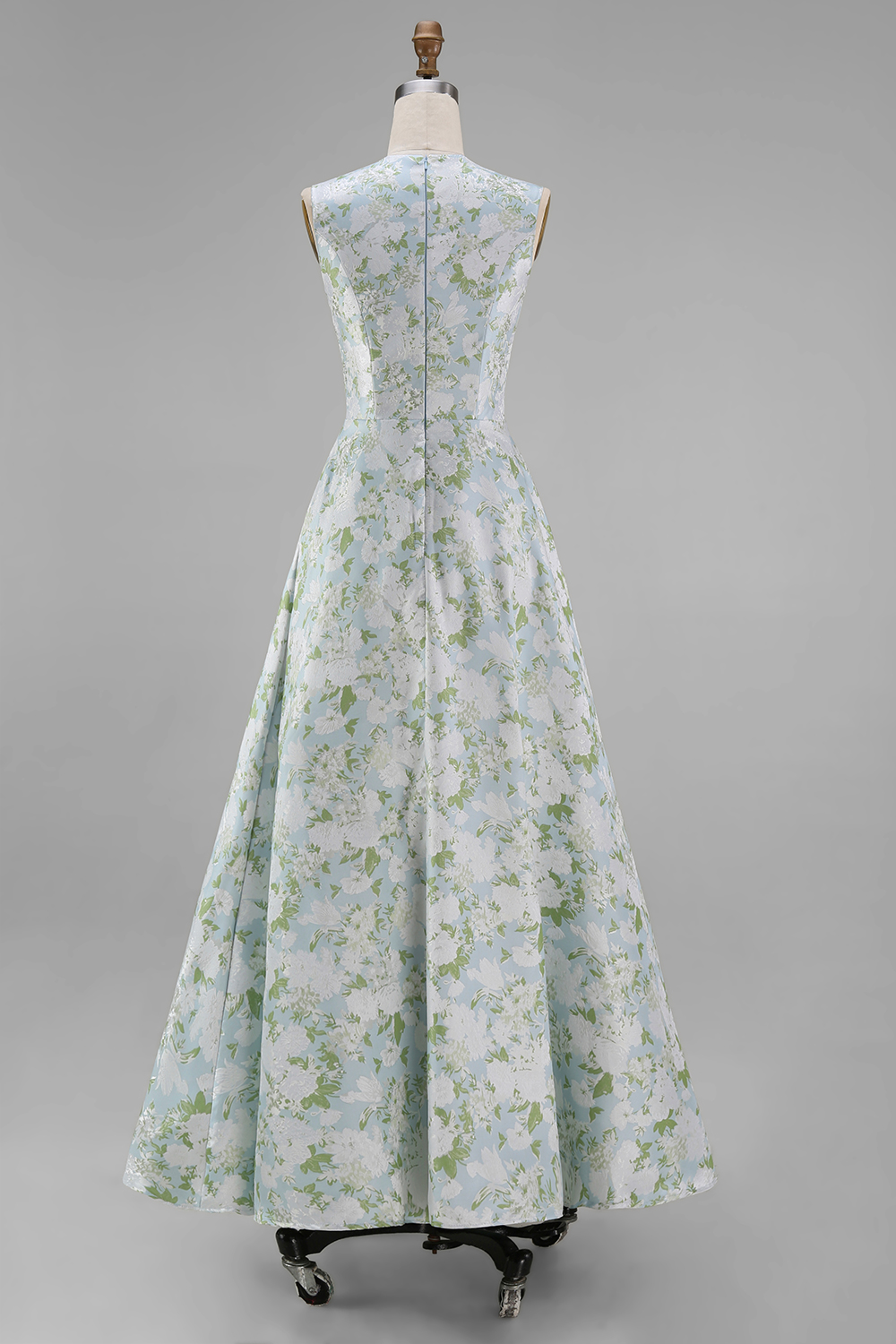 White Blue Round Neck A Line Long Floral Formal Dress