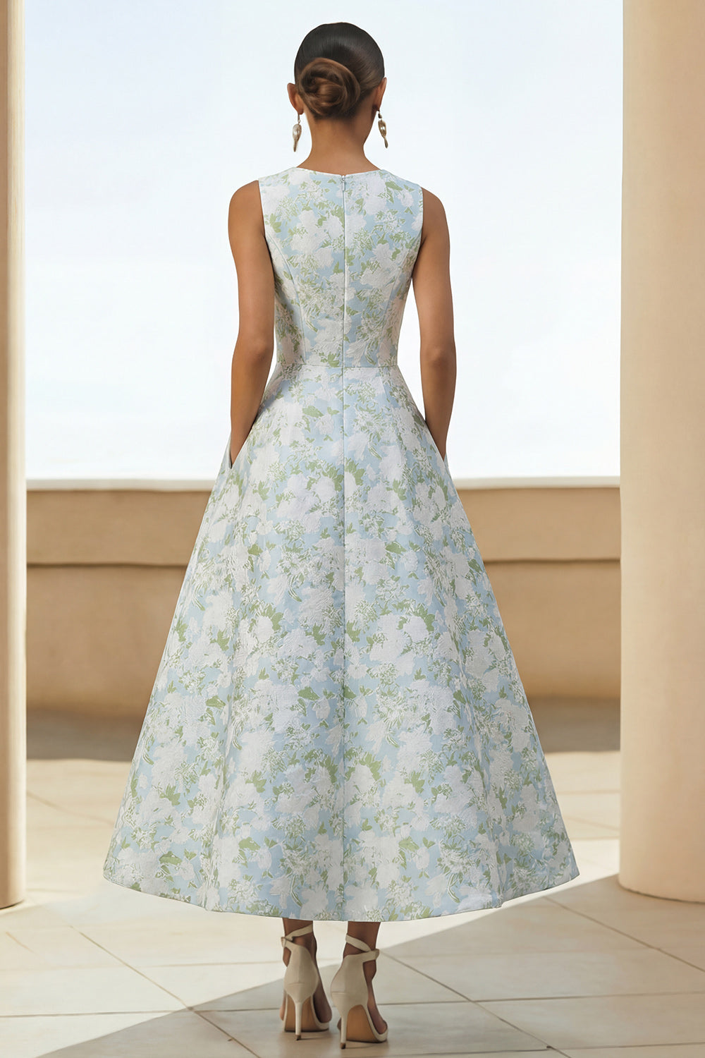 White Blue Round Neck A Line Long Floral Formal Dress