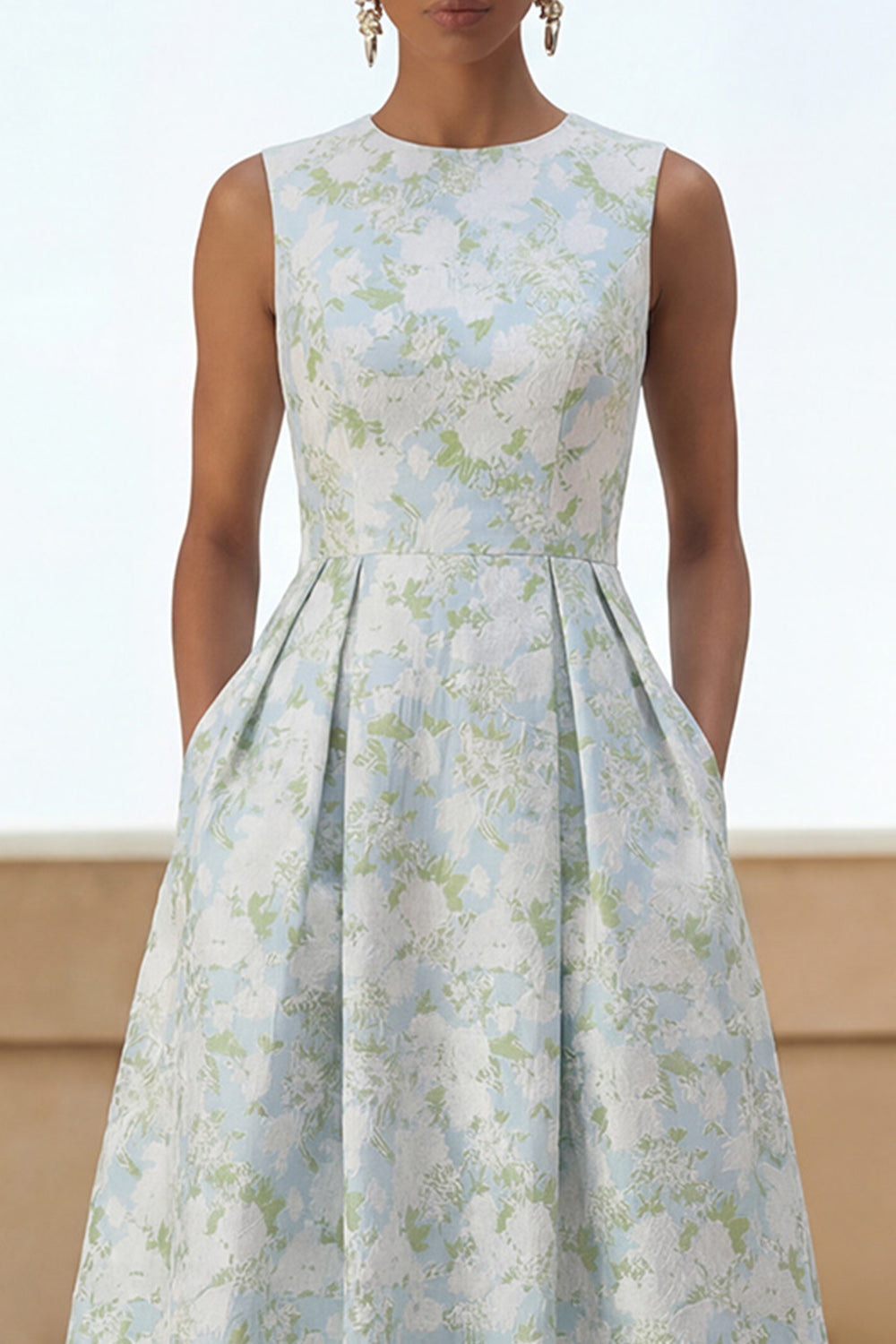 White Blue Round Neck A Line Long Floral Formal Dress
