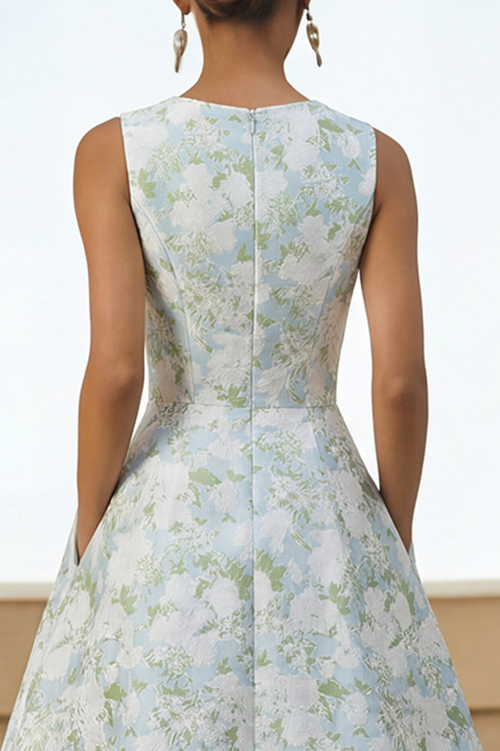 White Blue Round Neck A Line Long Floral Formal Dress