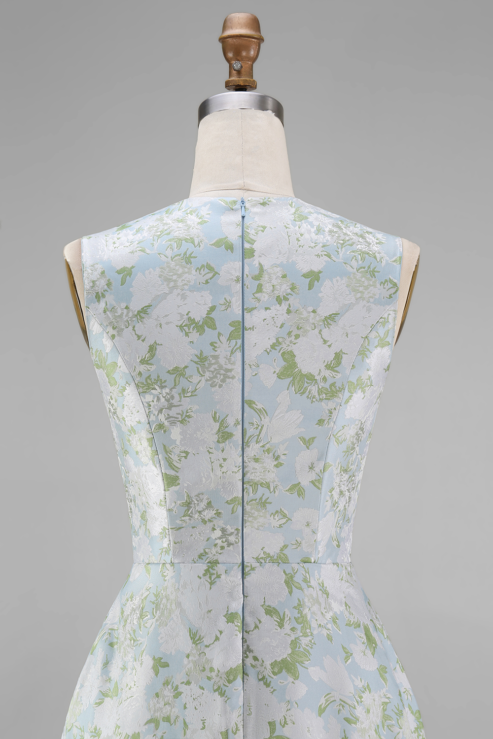 White Blue Round Neck A Line Long Floral Formal Dress