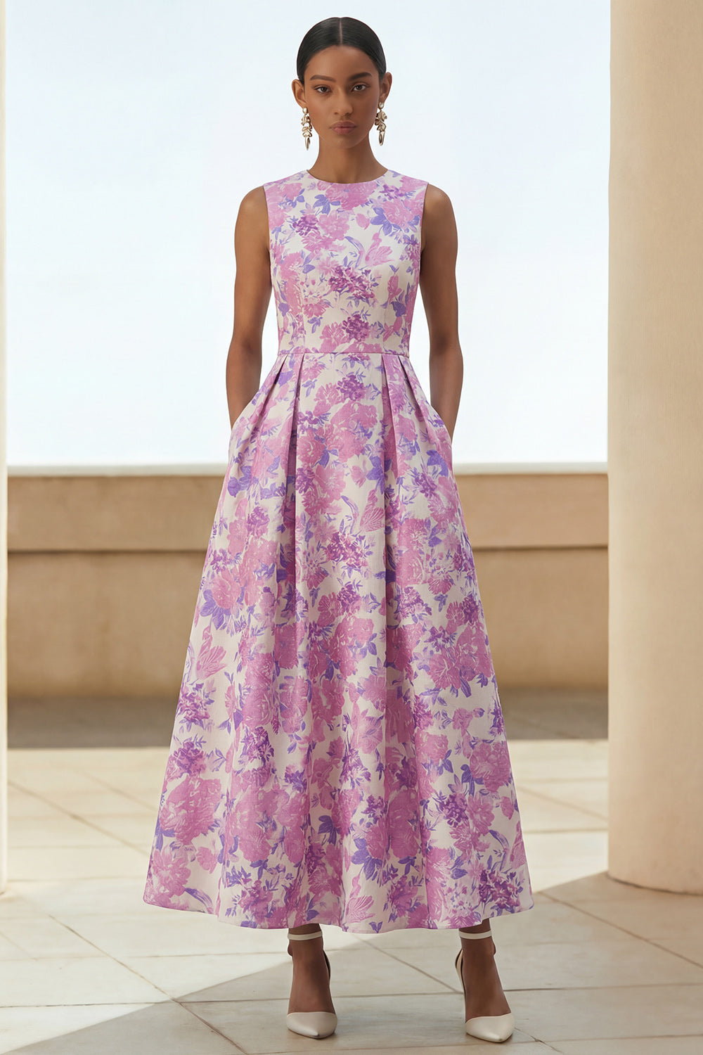 Floral Lilac Round Neck A Line Long Satin Formal Dress