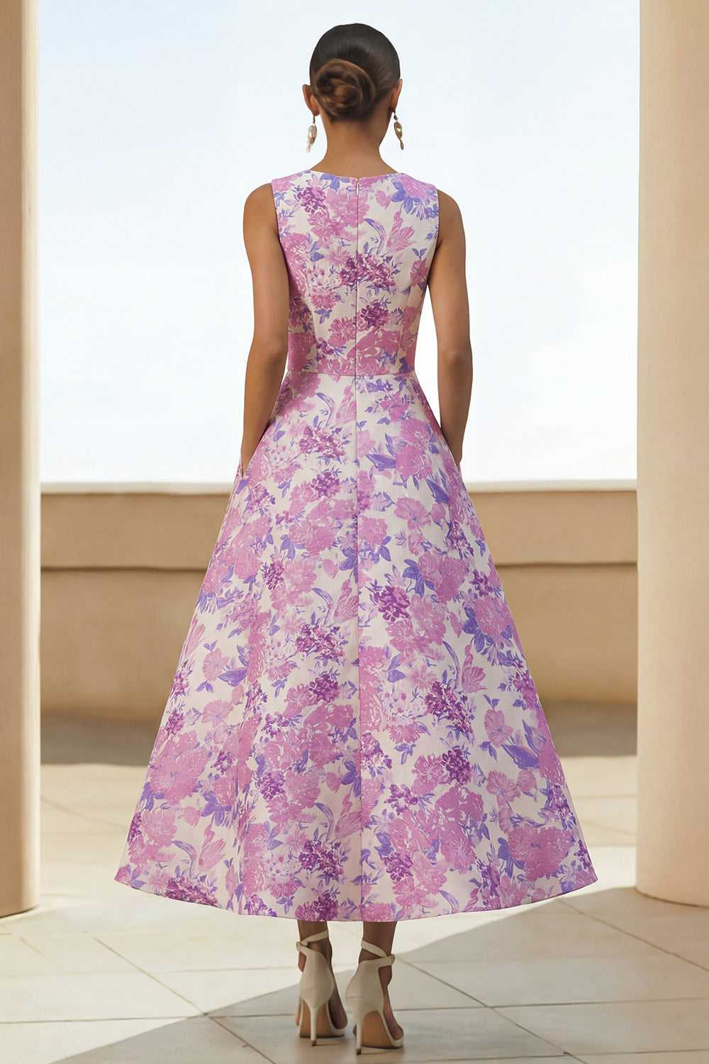 Floral Lilac Round Neck A Line Long Satin Formal Dress