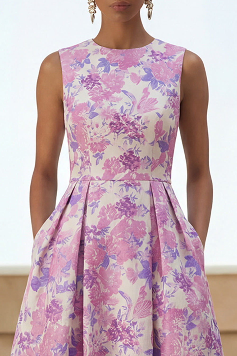 Floral Lilac Round Neck A Line Long Satin Formal Dress