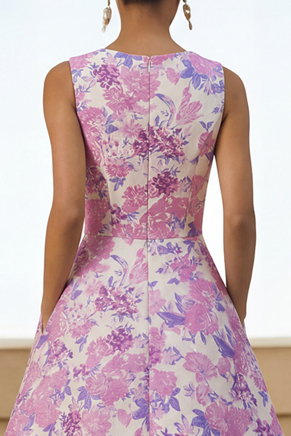 Floral Lilac Round Neck A Line Long Satin Formal Dress