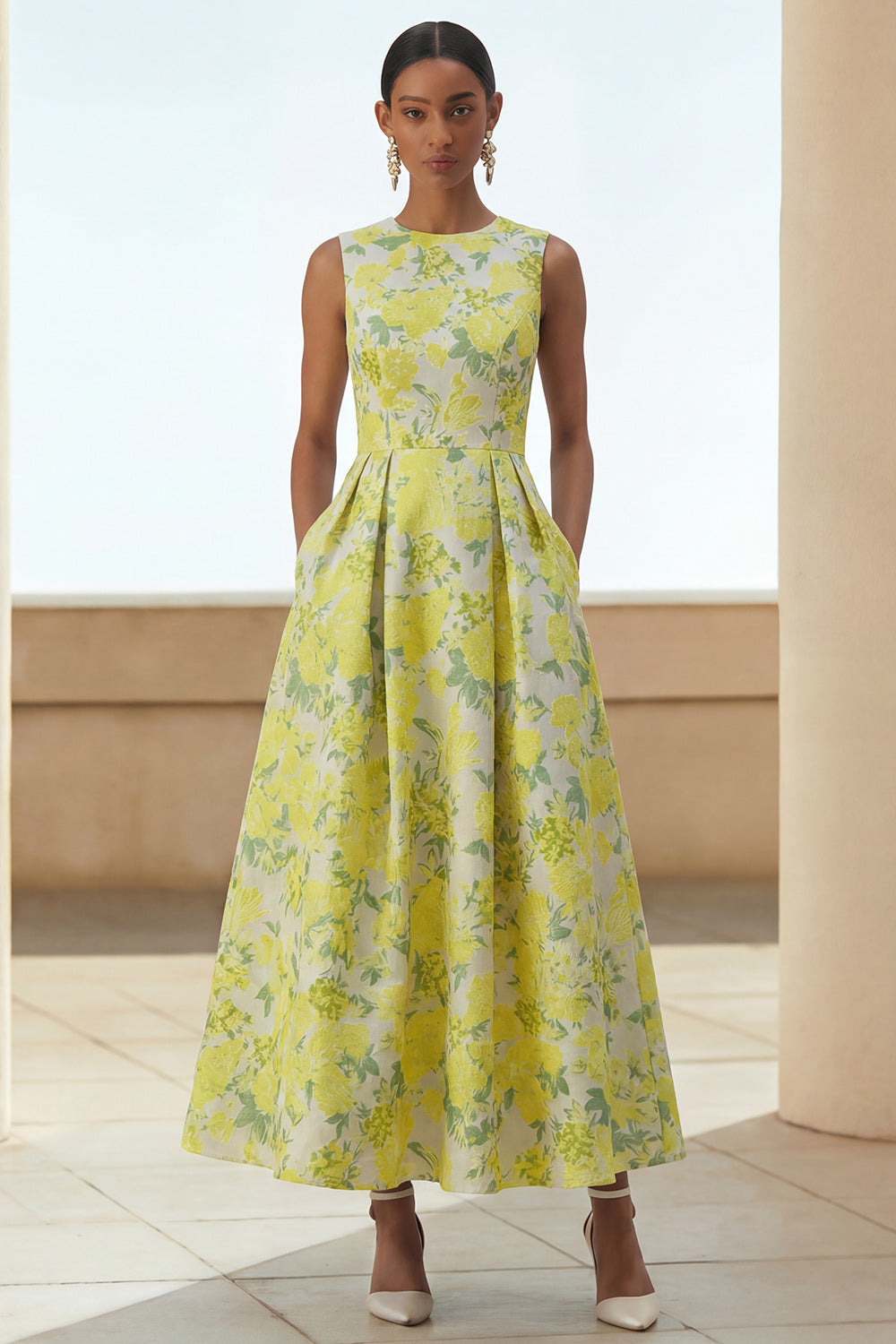 Floral Daffodil A Line Satin Round Neck Long Formal Dress
