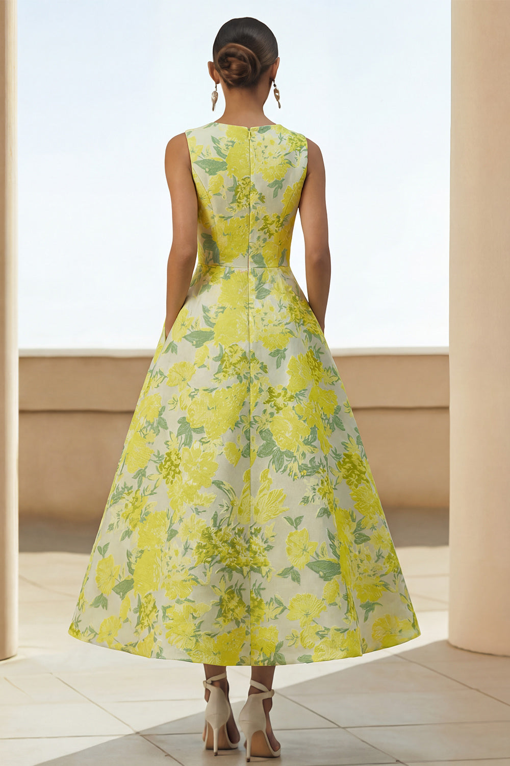 Floral Daffodil A Line Satin Round Neck Long Formal Dress