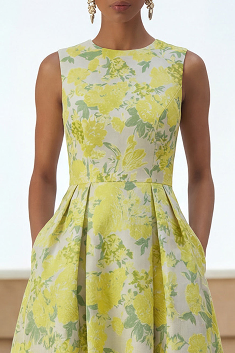 Floral Daffodil A Line Satin Round Neck Long Formal Dress