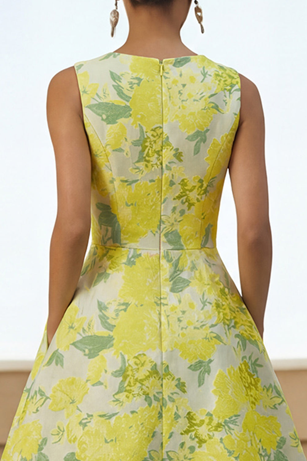Floral Daffodil A Line Satin Round Neck Long Formal Dress